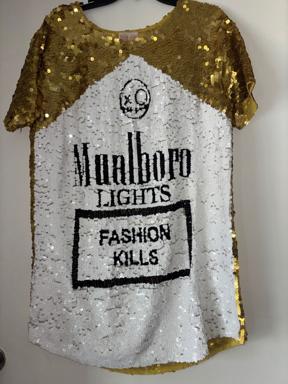 Gold & White Sequin Mini Dress with Graphic Front Logo
